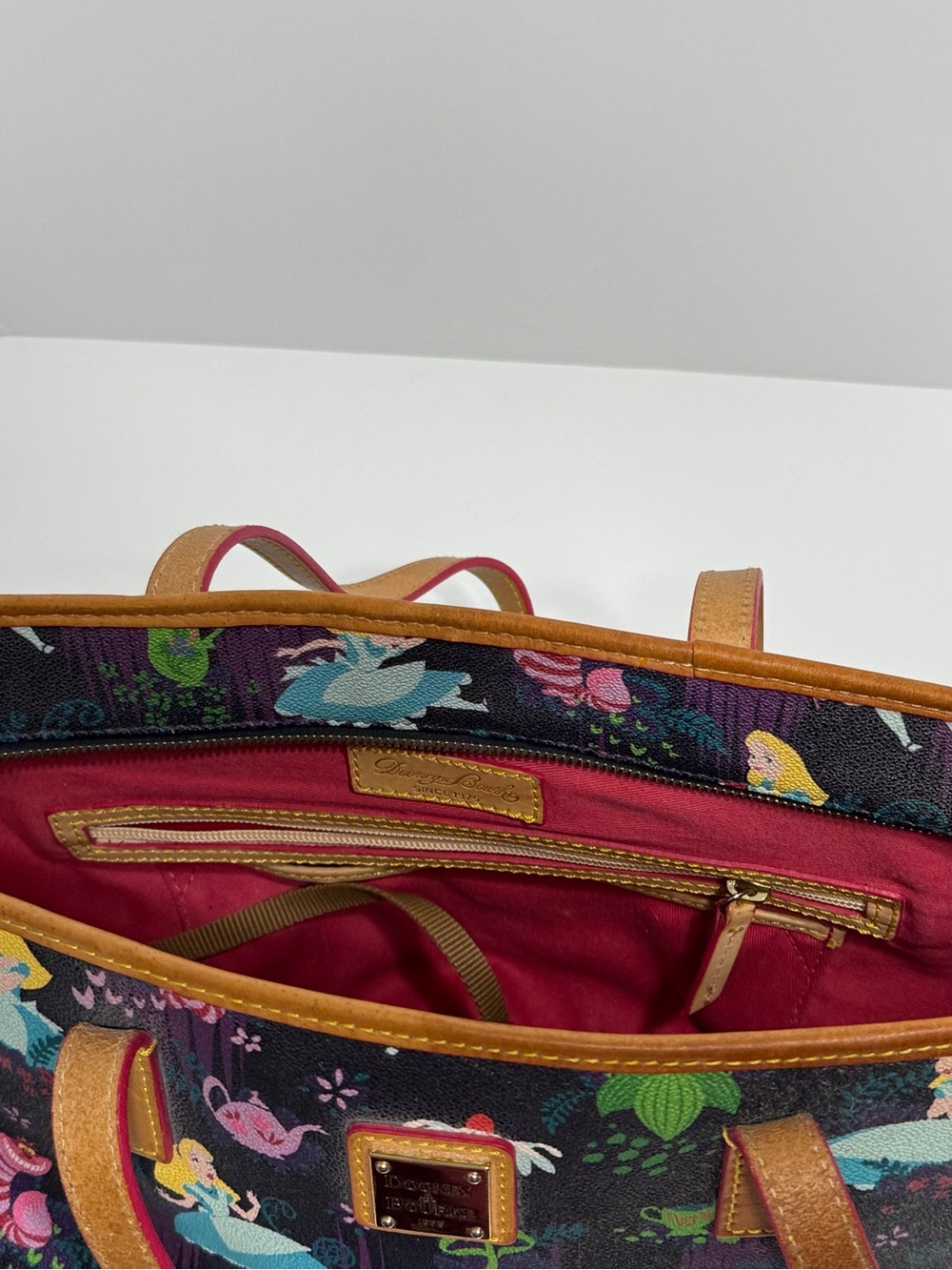 Dooney & Bourke Navy Alice Print Tote with Tan Trim - Picture 9 of 16